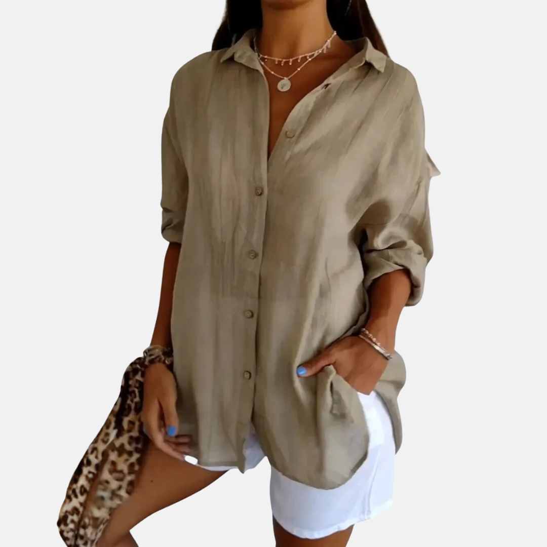 Women’s Button-Up Shirt – Relaxed Fit – Crinkled Texture – Long Sleeve Casual Style