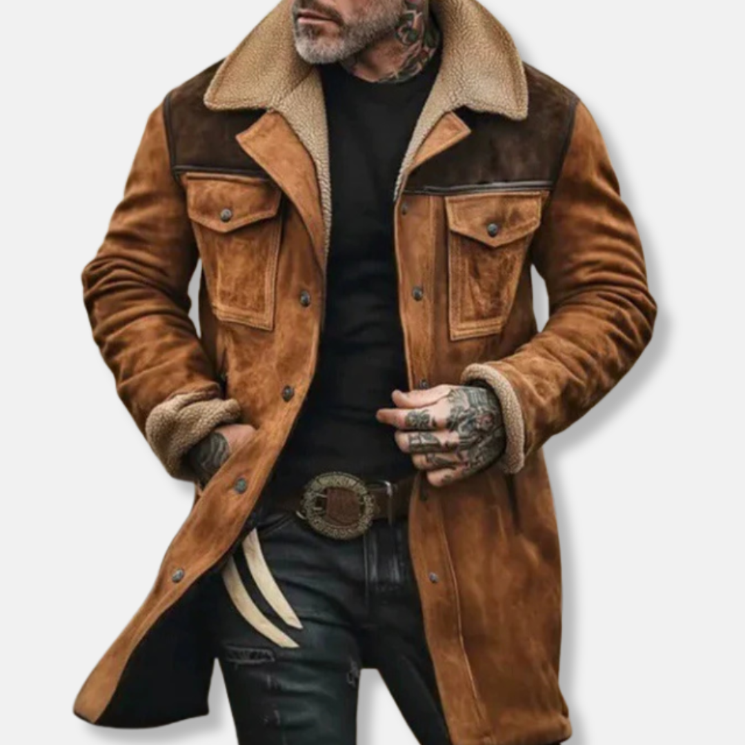 Men’s Trench Coat – Relaxed Fit – Plush Collar and Cuffs – Button Front – Chest Pockets