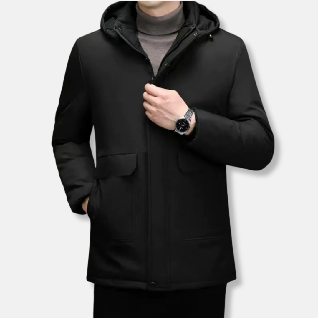 Men’s Hooded Coat – Insulated Windproof – Regular Fit – Hip Length – Zipper Closure