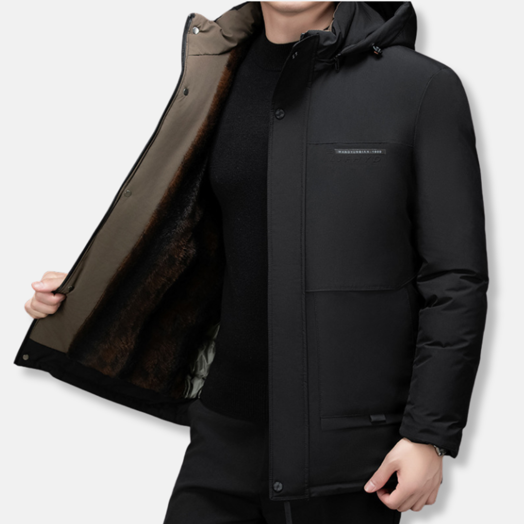 Men’s Mid-Length Coat – Padded Insulation – Hooded with Drawstring – Water-Resistant