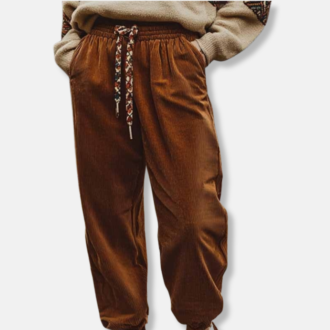 Women’s Pants - Corduroy - Relaxed Fit - Elastic Waistband - Cuffed Ankles