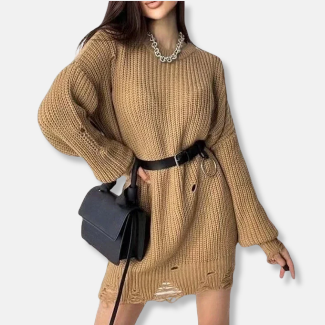 Women’s Mini Dress – Oversized Fit – Ribbed Knit – Balloon Sleeves – Distressed Hem