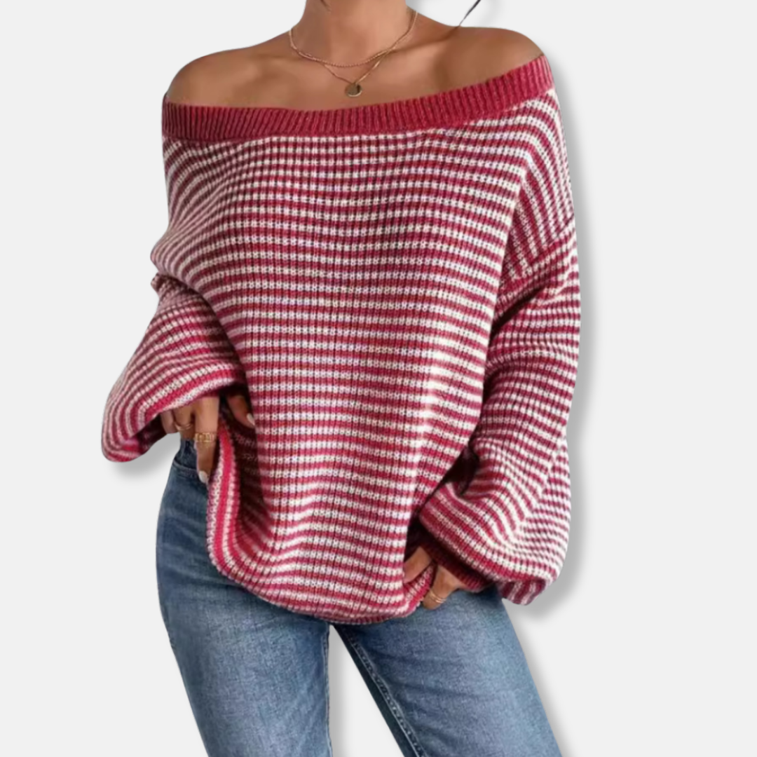 Amelia Loose Fit Sweater | Boat Neck Striped Hip-Length Sweater