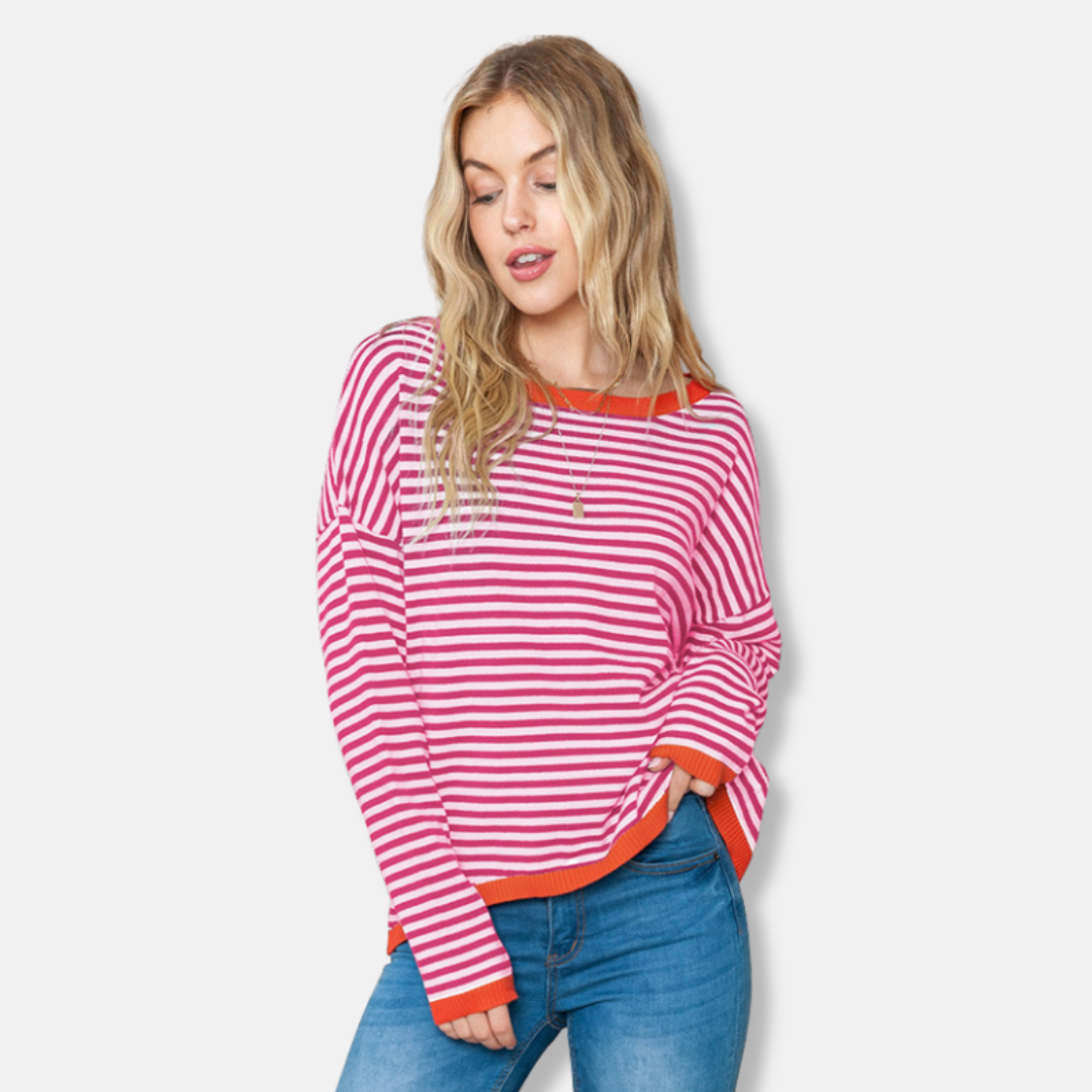 Women’s Sweater – Relaxed Fit – Knitted Striped Design – Drop Shoulder – Casual Wear