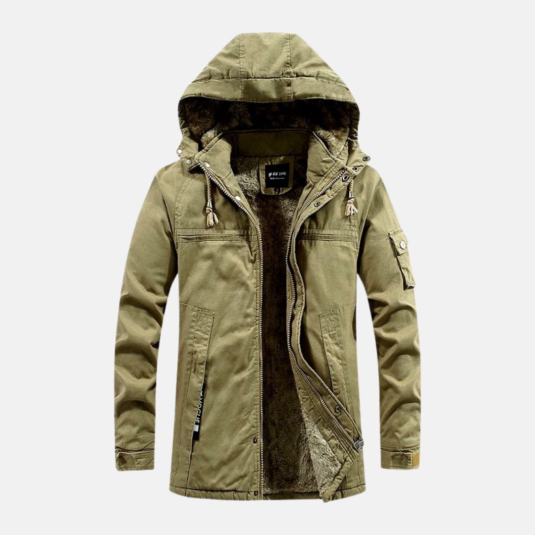 Men’s Jacket – Slim Fit Mid-Length – Hooded Plush Lined – Outdoor Workwear