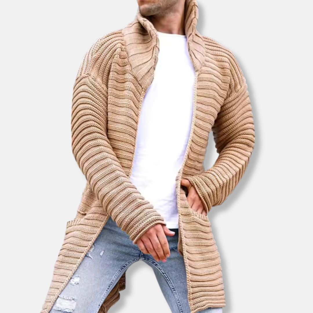 Men’s Knitted Cardigan – Ribbed Wool – Turtleneck – Long Line – Open Front – Relaxed Fit