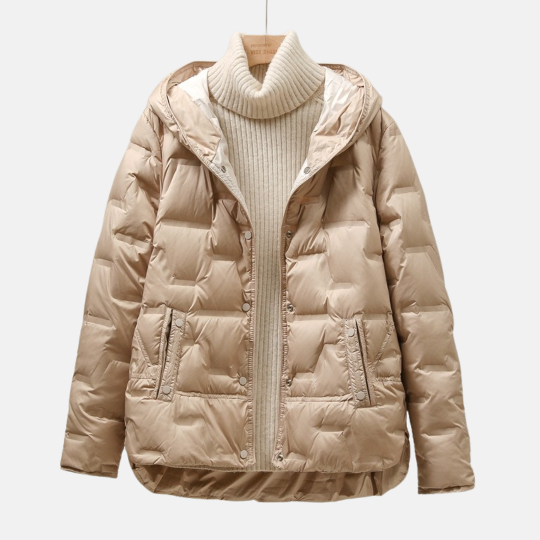 Women’s Puffer Jacket - Woven Shell - Relaxed Fit - Attached Hood - Snap Button Closure