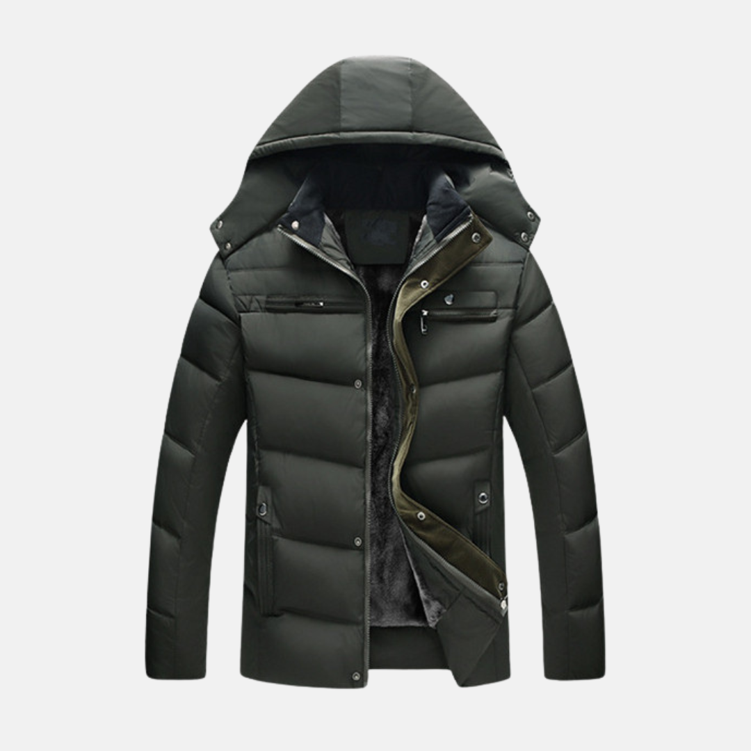 Men’s Padded Coat – Regular Fit – Fleece Lined Hood – Water Resistant – Zipper Closure