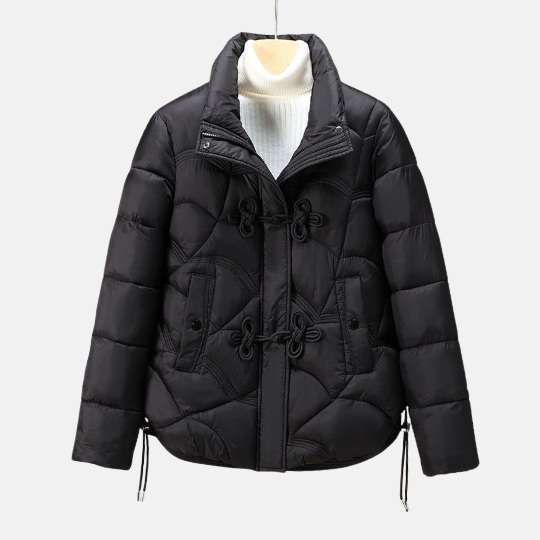 Women’s Puffer Jacket – Quilted Geometric Pattern – Frog Buttons – Adjustable Hem