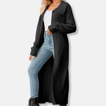 Women’s Maxi Cardigan – Loose Fit Knit – Open Front – Wide Lapel – Wool Blend
