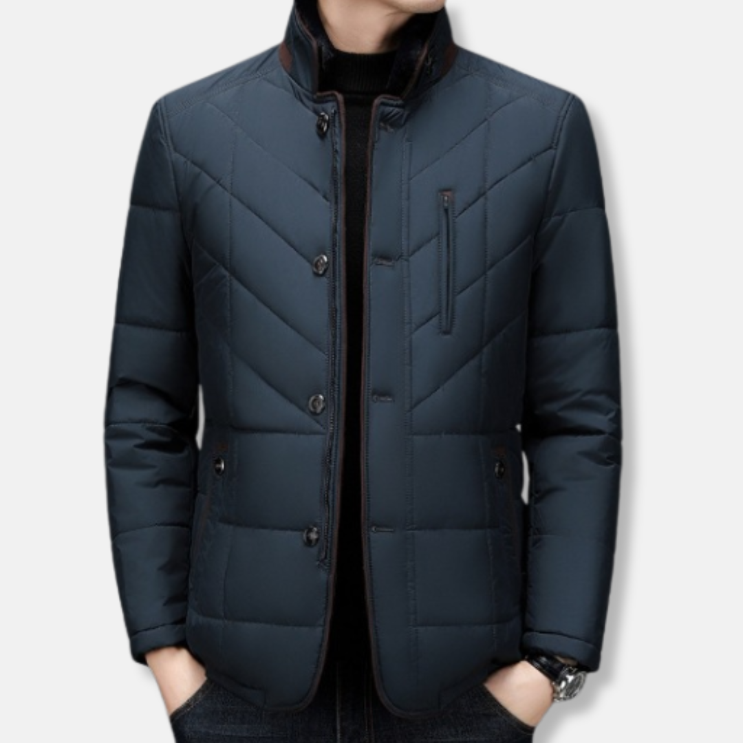 Men’s Quilted Jacket – Tailored Fit – Stand Collar – Button Front – Zipper Chest Pocket
