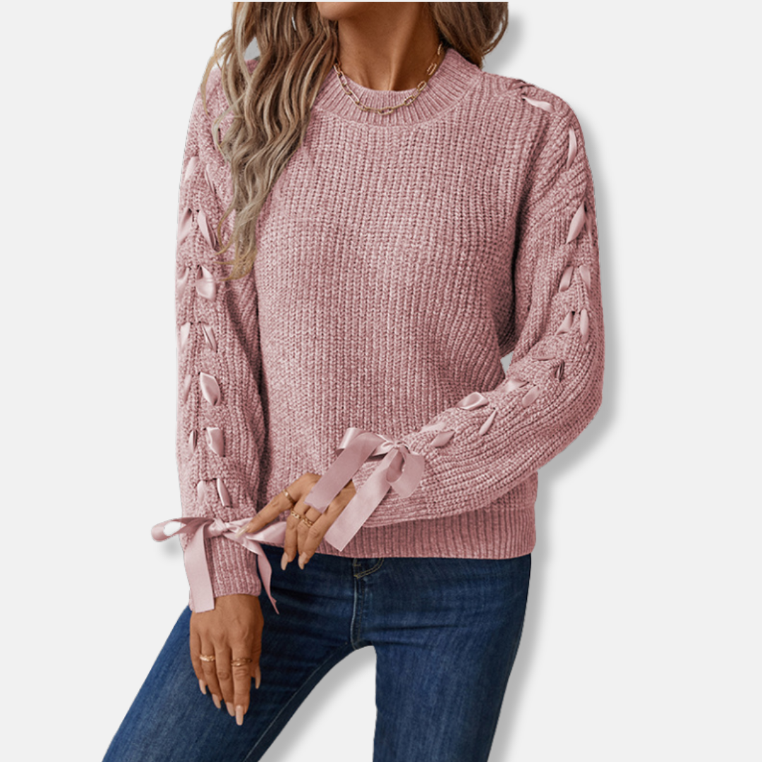 Women’s Pullover Sweater – Relaxed Fit – Soft Knit – Lace-Up Sleeves – Crew Neck
