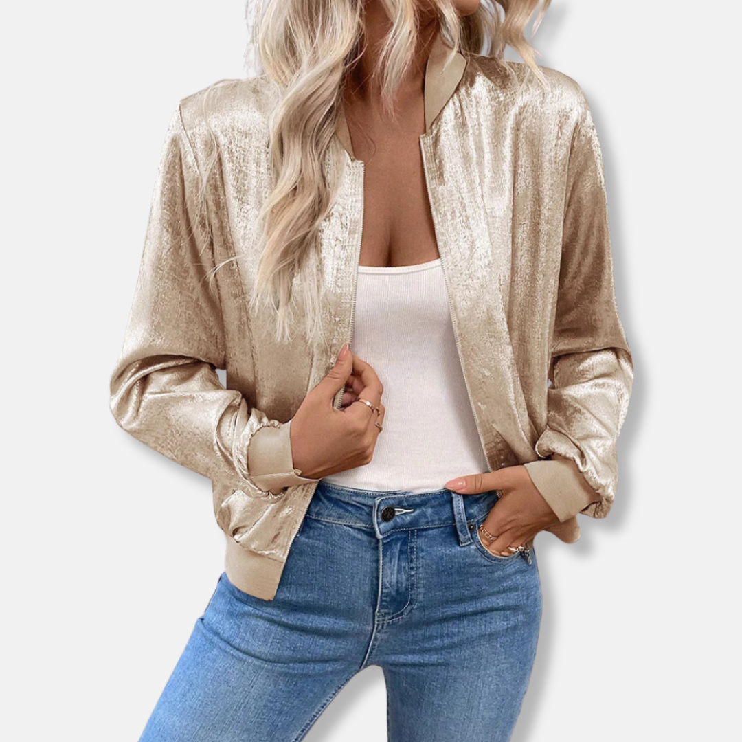 Women’s Bomber Jacket – Satin Finish – Relaxed Fit – Zip Front – Ribbed Trim