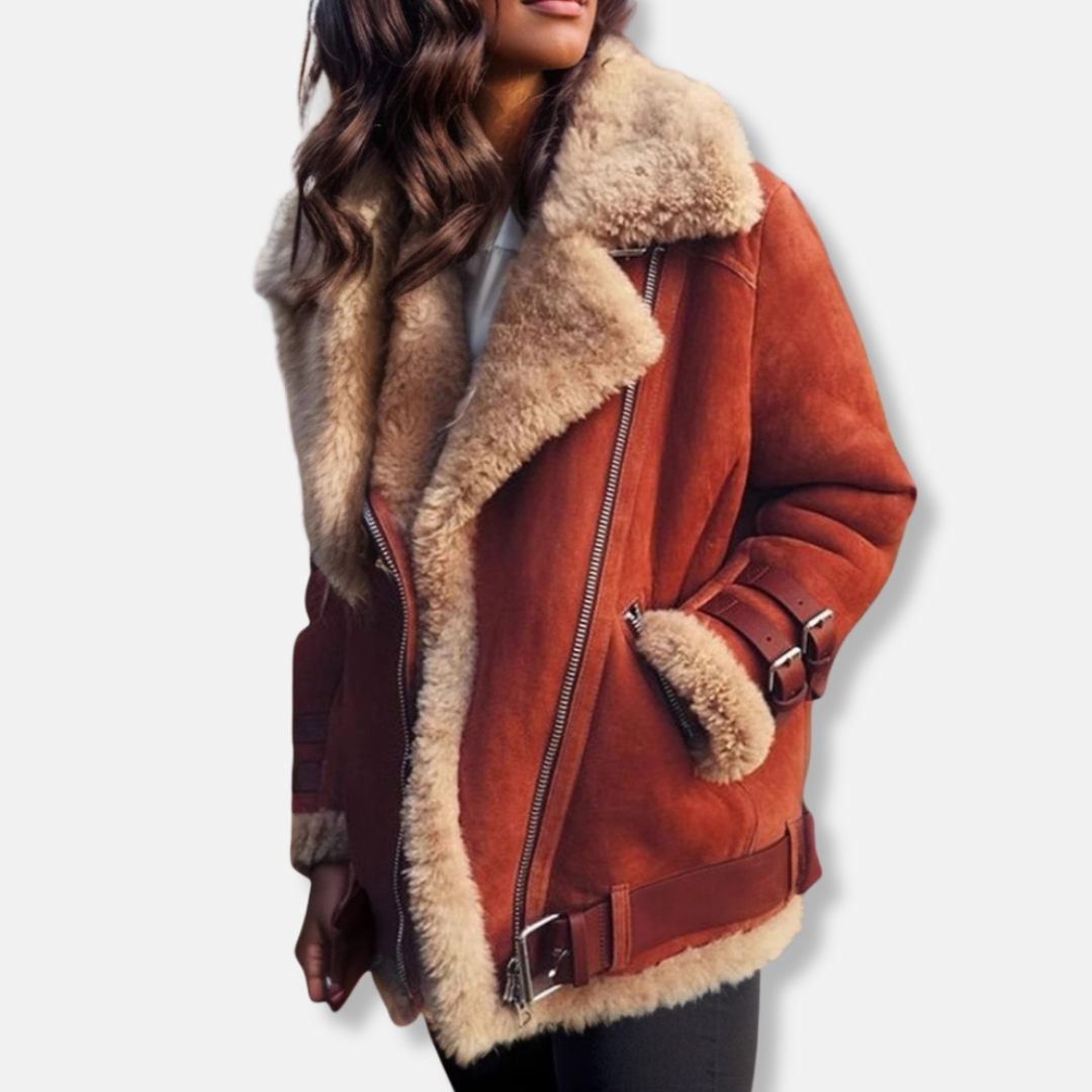 Women’s Oversized Coat – Plush Texture – Faux Fur Trim – Zipper with Buckles