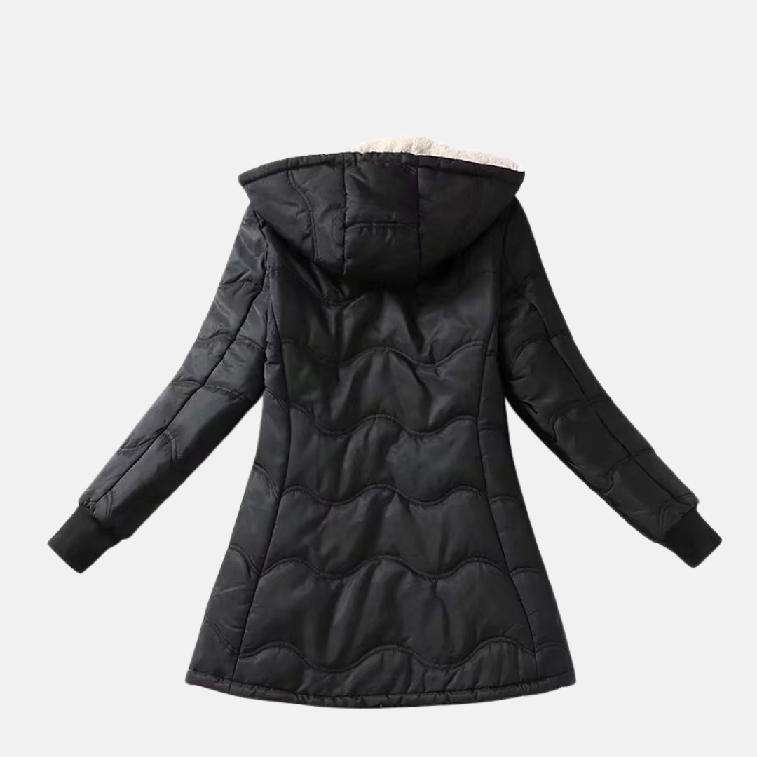 Women’s Mid-Length Coat – Quilted Hooded – Sherpa Lined – Loose Fit – Zipper Closure