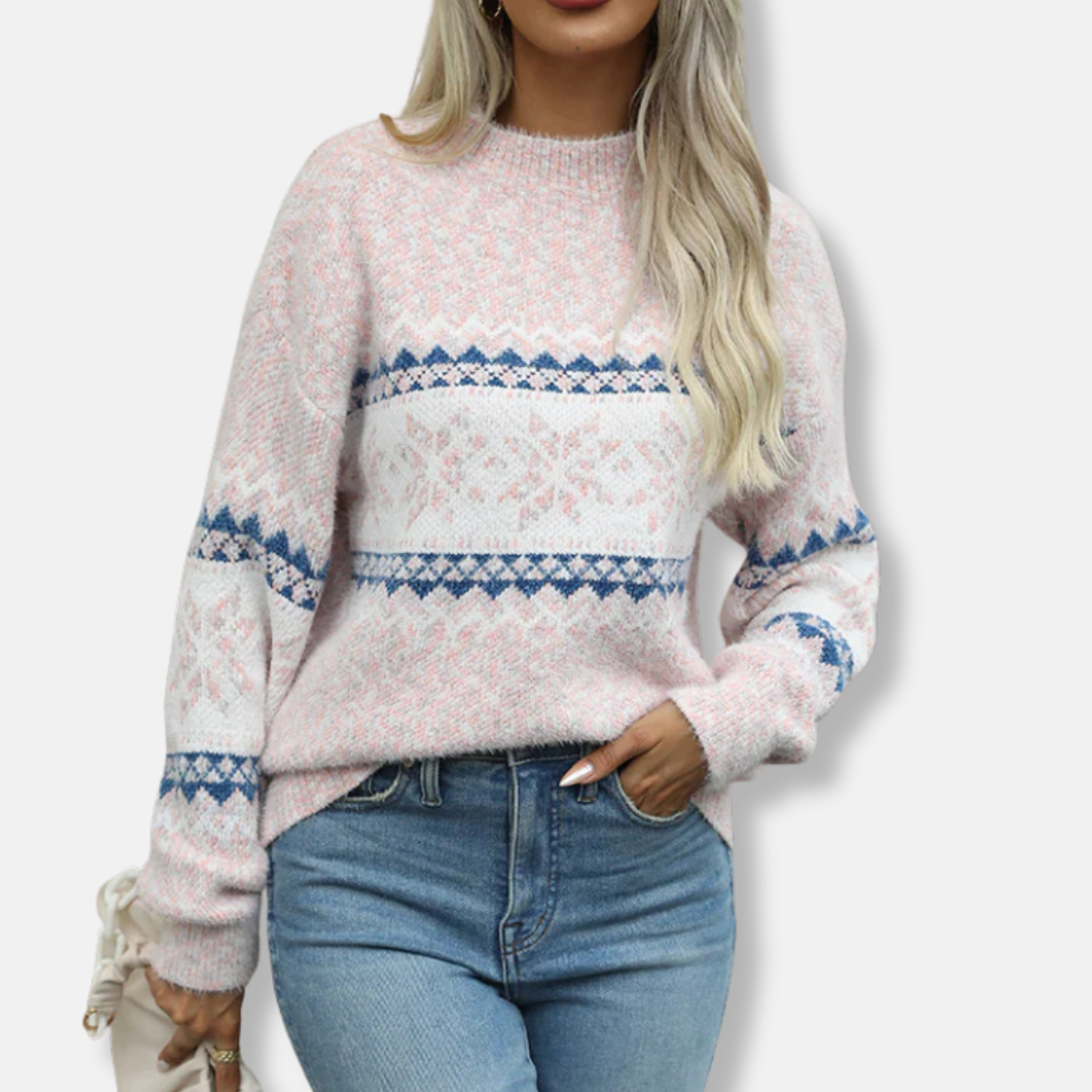 Women’s Sweater – Oversized Fit – Wool Knit – Mock Neck – Fair Isle Pattern