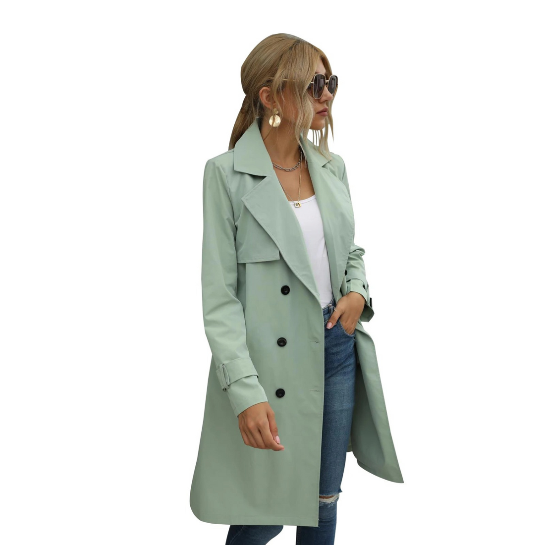 Women's Trench Coat - Classic Tailored Fit - Double-Breasted with Belt - Knee-Length