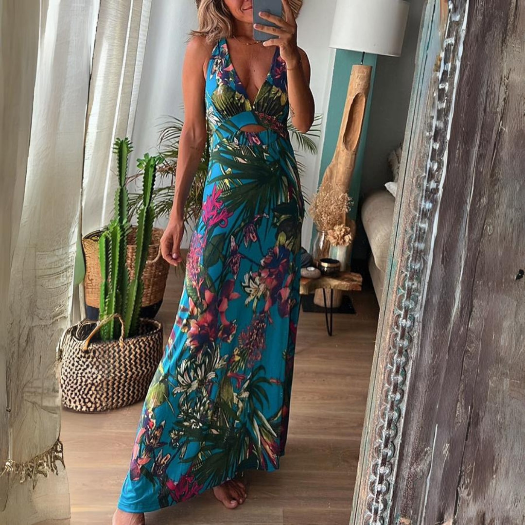 Women's Maxi Dress - Sleeveless Deep V-Neck - Floral Print Flowy Casual Wear