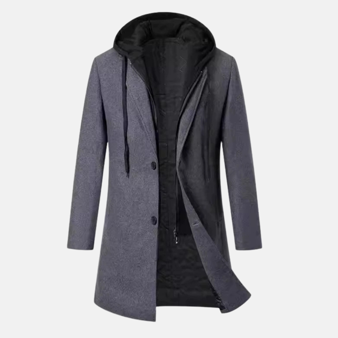 Men’s Overcoat – Tailored Fit – Quilted Lining – Hooded Insert – Mid-Length Casual