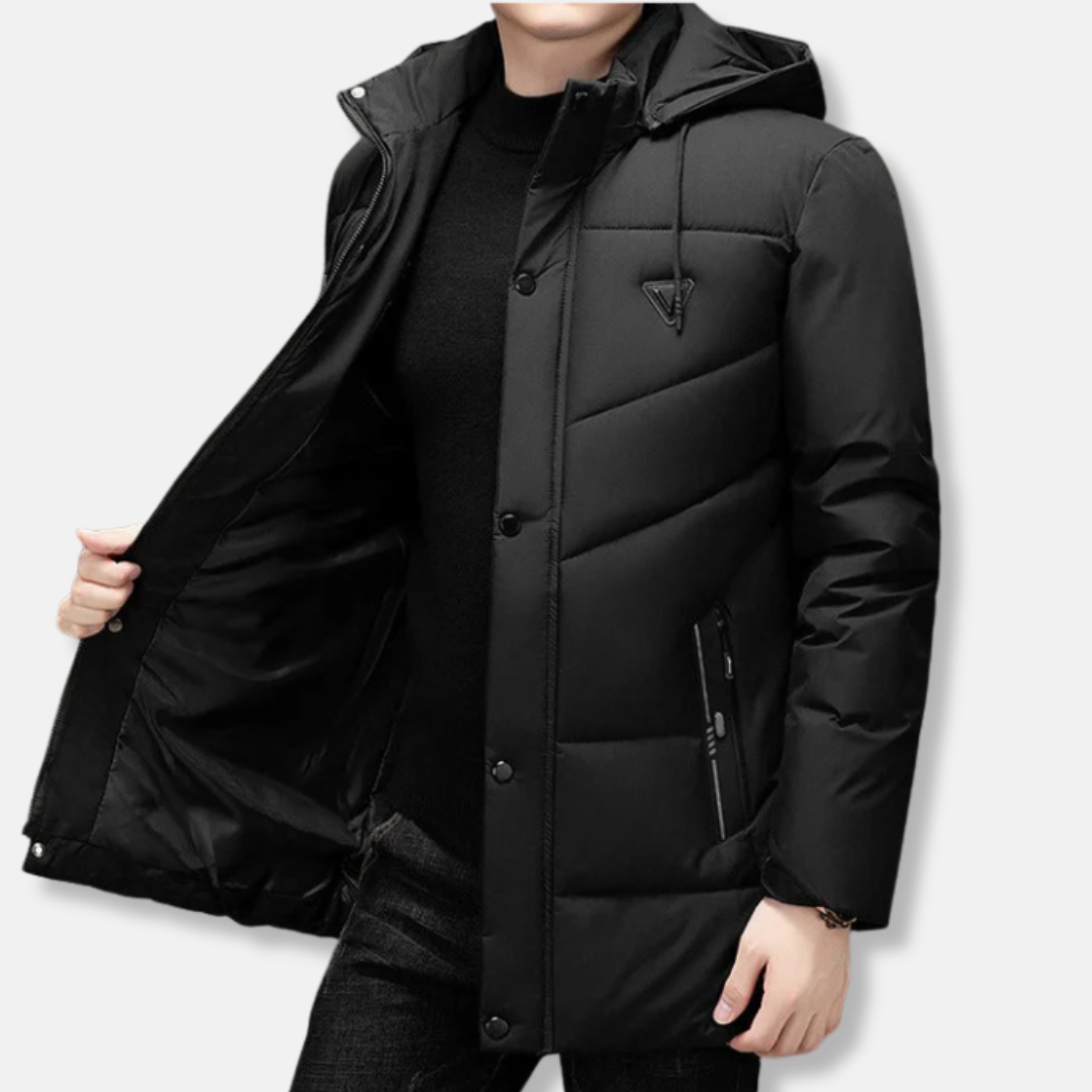 Men’s Parka Jacket – Quilted Padded Design – Detachable Hood – Mid-Thigh Length