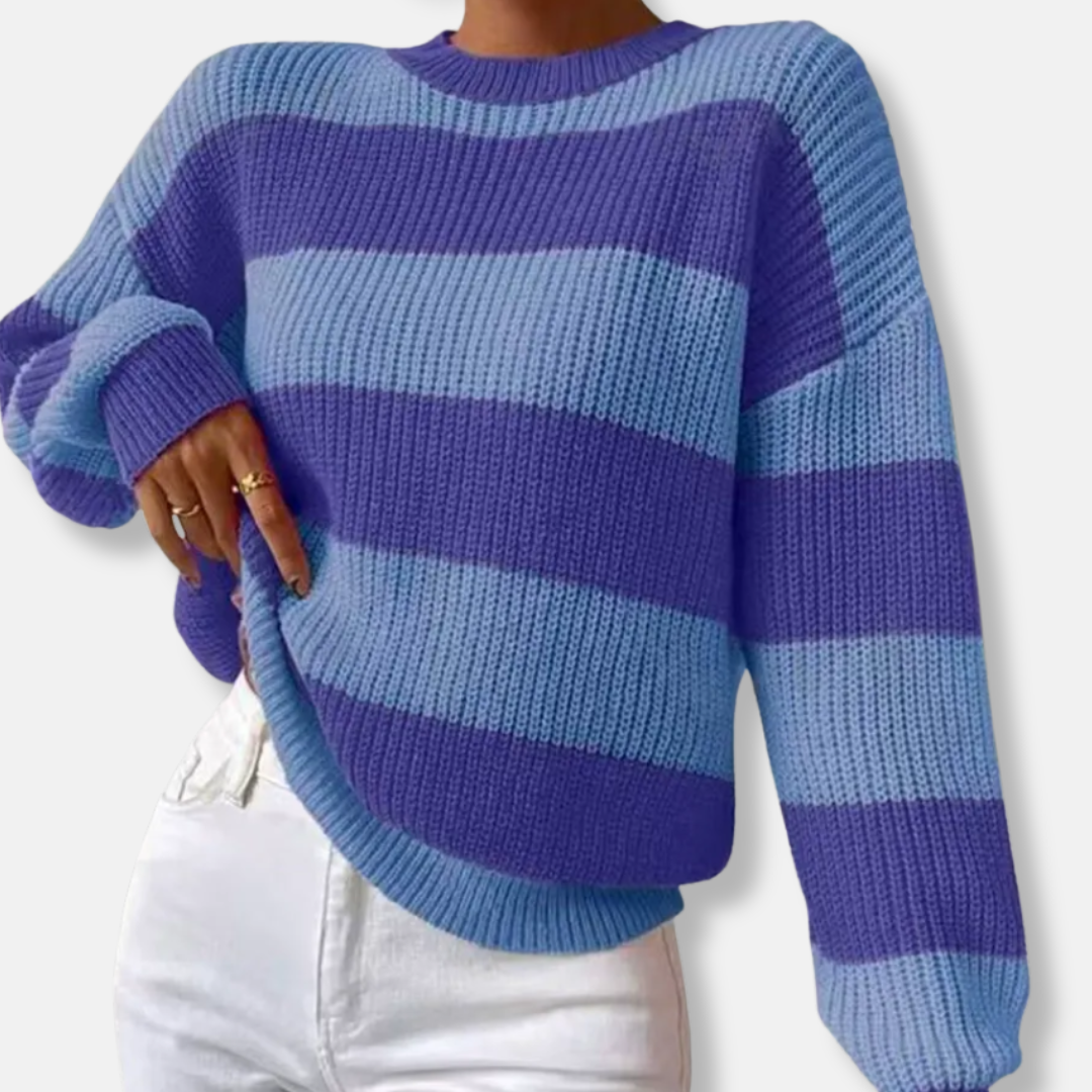 Women’s Sweatshirt – Ribbed Knit – Loose Fit – Striped – Balloon Sleeves – Round Neck