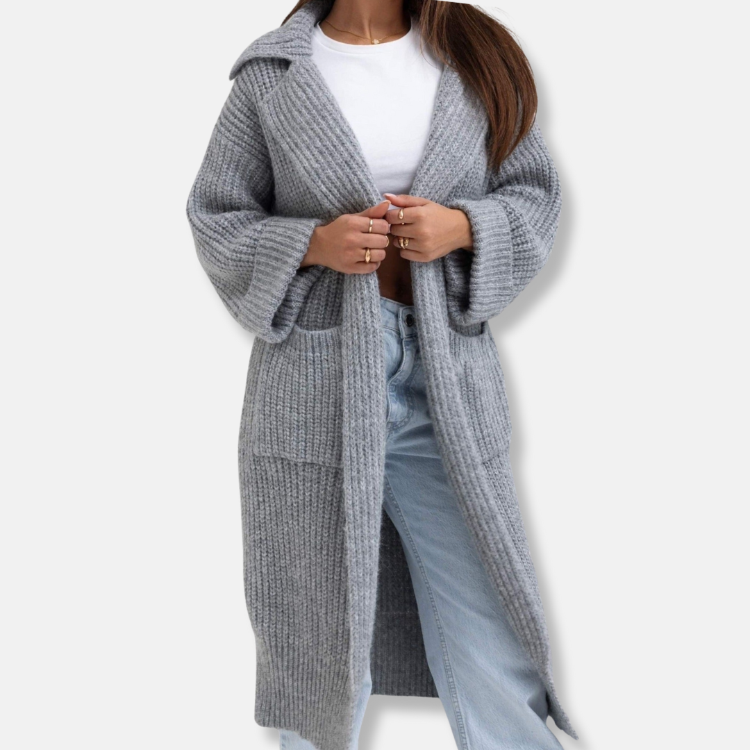 Women’s Long Knit Coat – Wool Blend – Oversized Fit – Hooded Open Front with Pockets