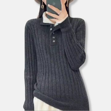 Women’s Knit Pullover Top - Ribbed Knit - Polo Collar - Button Placket