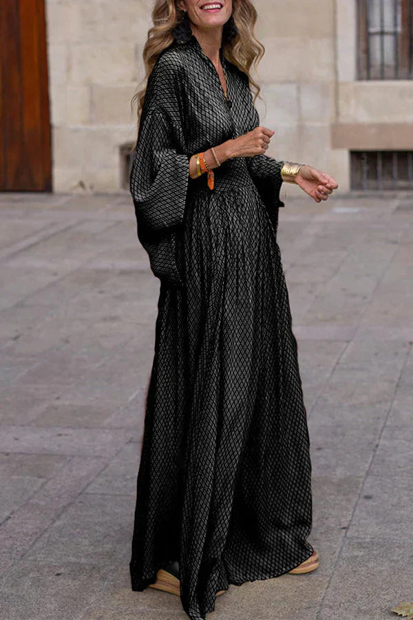 Women's Maxi Dress - Flowing Loose Fit - High Collar - Long Wide Sleeves - Elegant Style