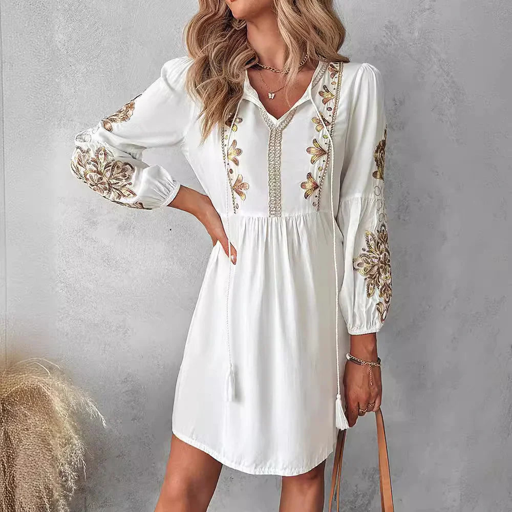 Women's Embroidered Dress - Long Sleeve V-Neck - Relaxed Fit Flowy Casual Wear