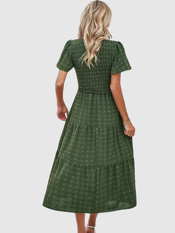 Women's Maxi Dress - Smocked Bodice - Short Puff Sleeves - Tiered Flowy Skirt