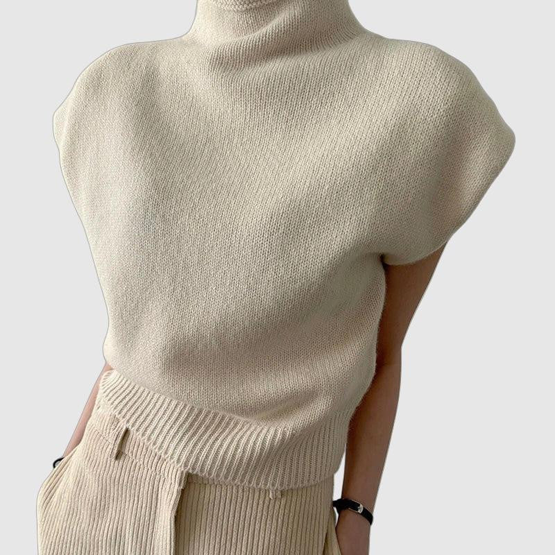 Women's sleeveless turtleneck sweater with ribbed detail