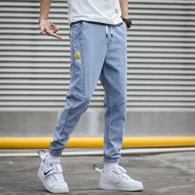 Men's tapered denim joggers with elastic waist