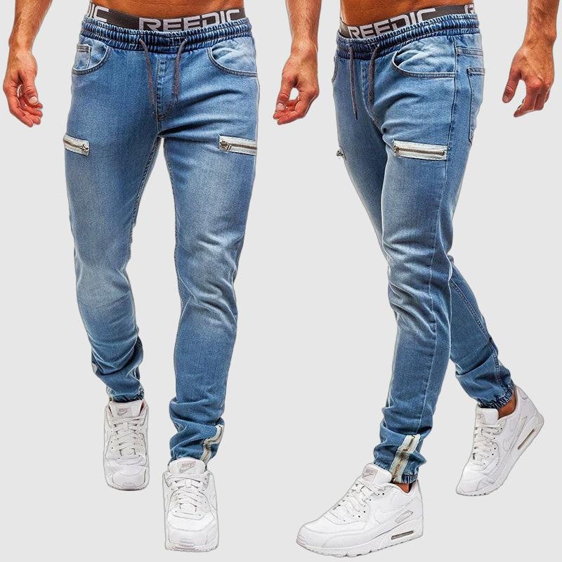 Men's casual denim jeans with frosted zipper design