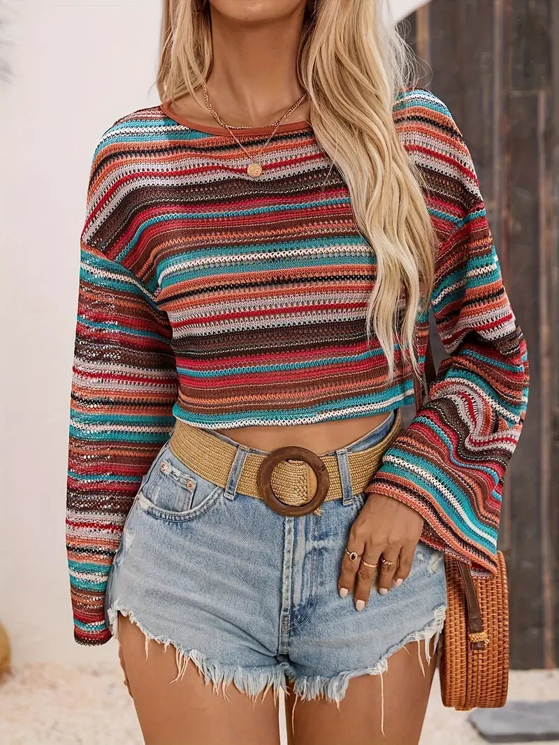 Women's Long Sleeve Striped Sweater with Sheer Panels