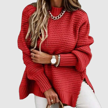 Women's half-high collar long sleeve knitted sweater with side slit