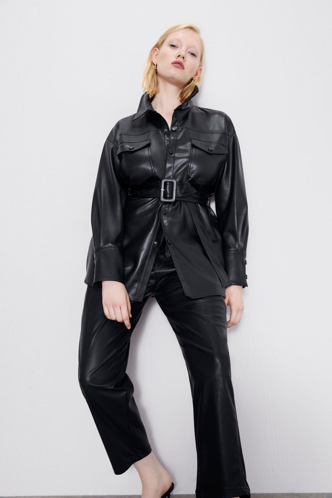 Women's faux leather belted shirt jacket for versatile style