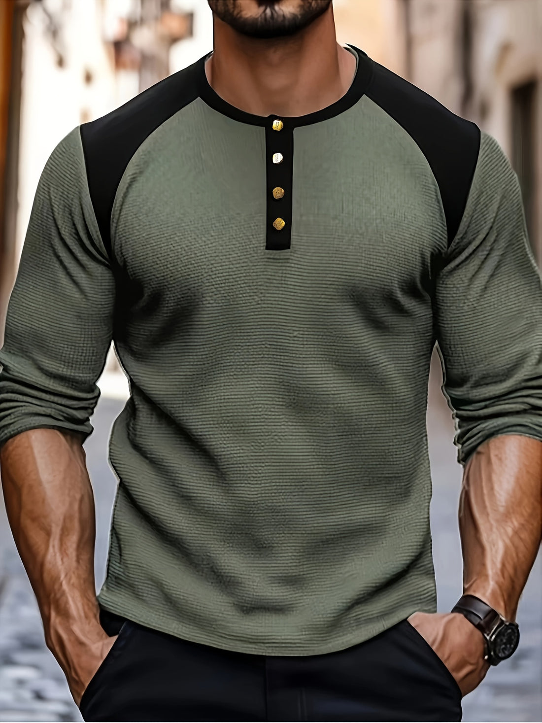 Casual waffle knit henley shirt for men