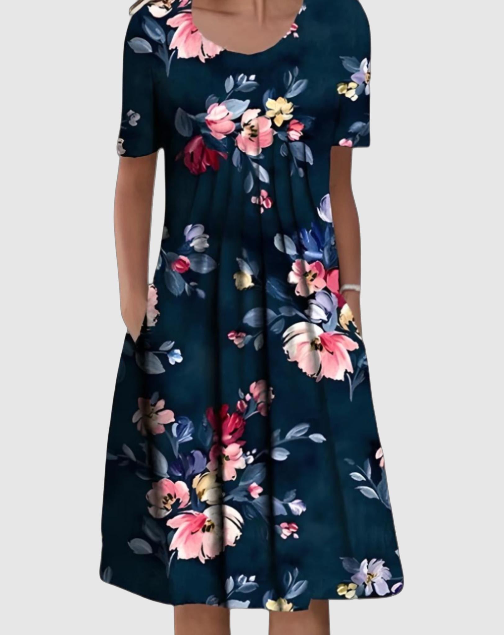 Donna - Bohemian Dress with Floral Prints and Round Neck