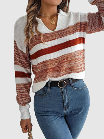 Women's pullover sweater with contrast color stripes and lapel collar