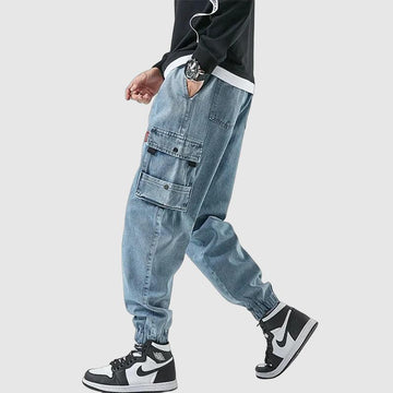 Men's denim cargo joggers with functional cargo pockets