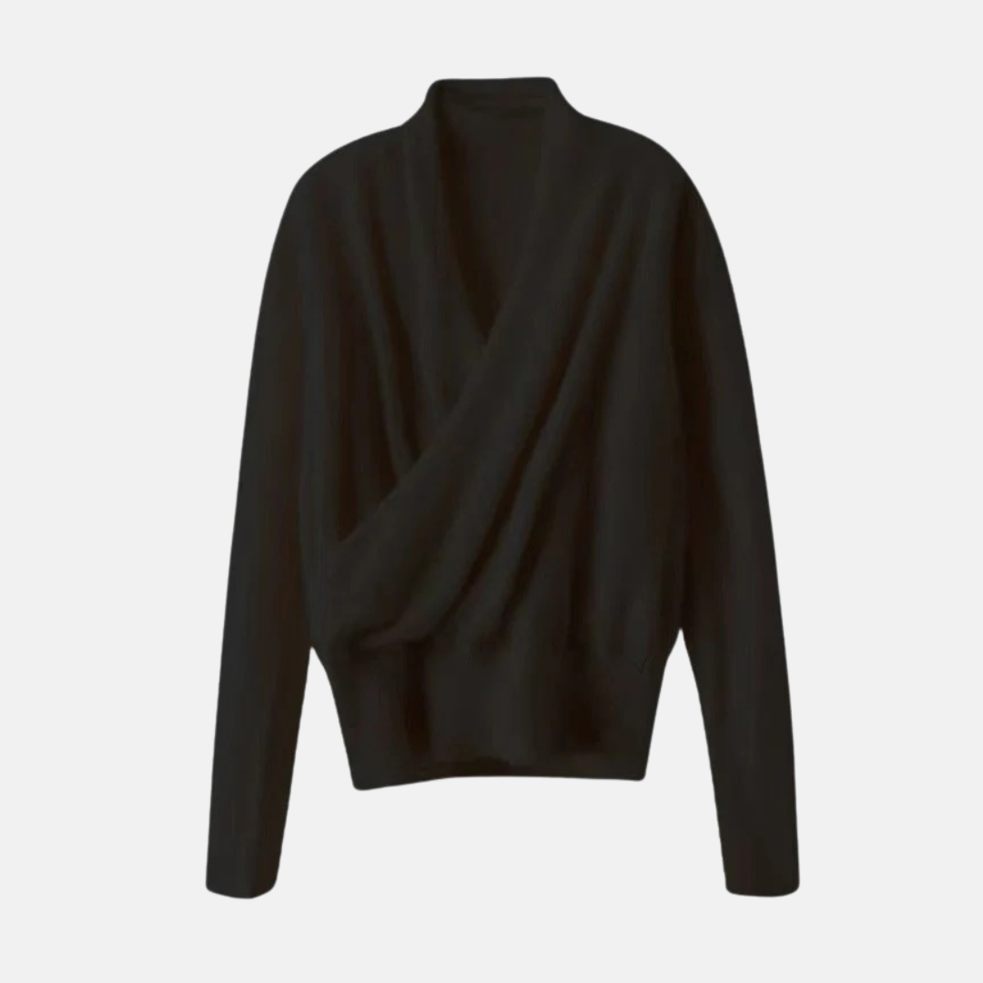 Women’s Wrap Sweater – Relaxed Fit – Soft Knit Wool Blend – Ribbed Waist – Long Sleeve