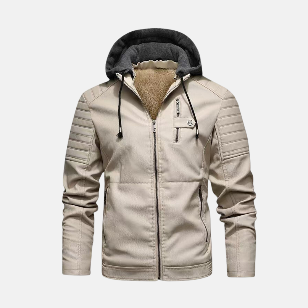 Men’s Leather Jacket – Slim Fit – Quilted Shoulders – Zipper Closure – Hooded Plush Lined