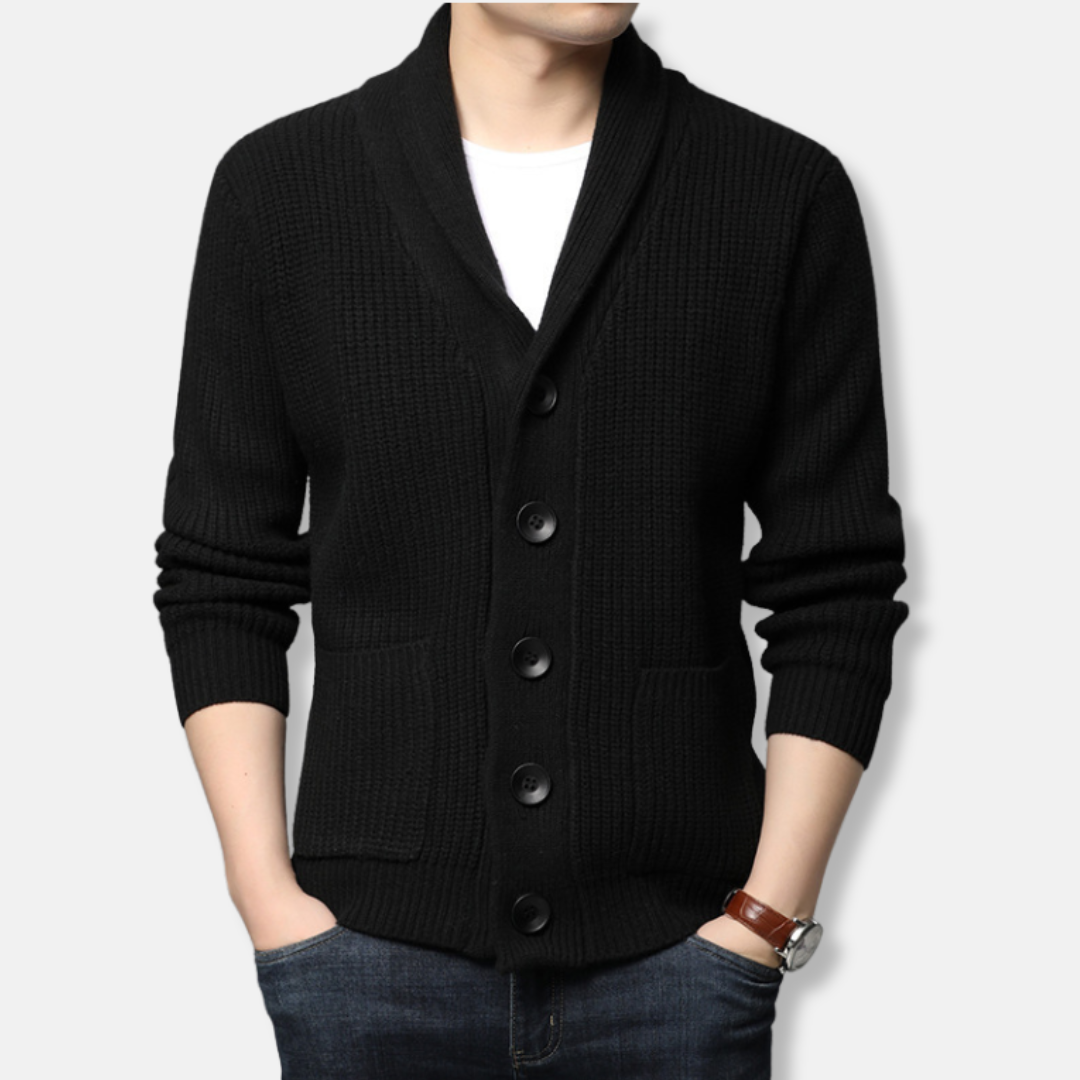 Men’s Cardigan Sweater - Ribbed Knit Blend - Shawl Collar - Button Front