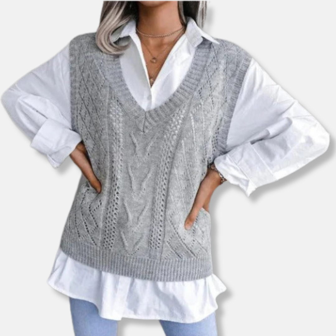 Women’s Knitted Vest – Relaxed Fit – Cable Knit Wool Blend – V-Neck Layering Piece