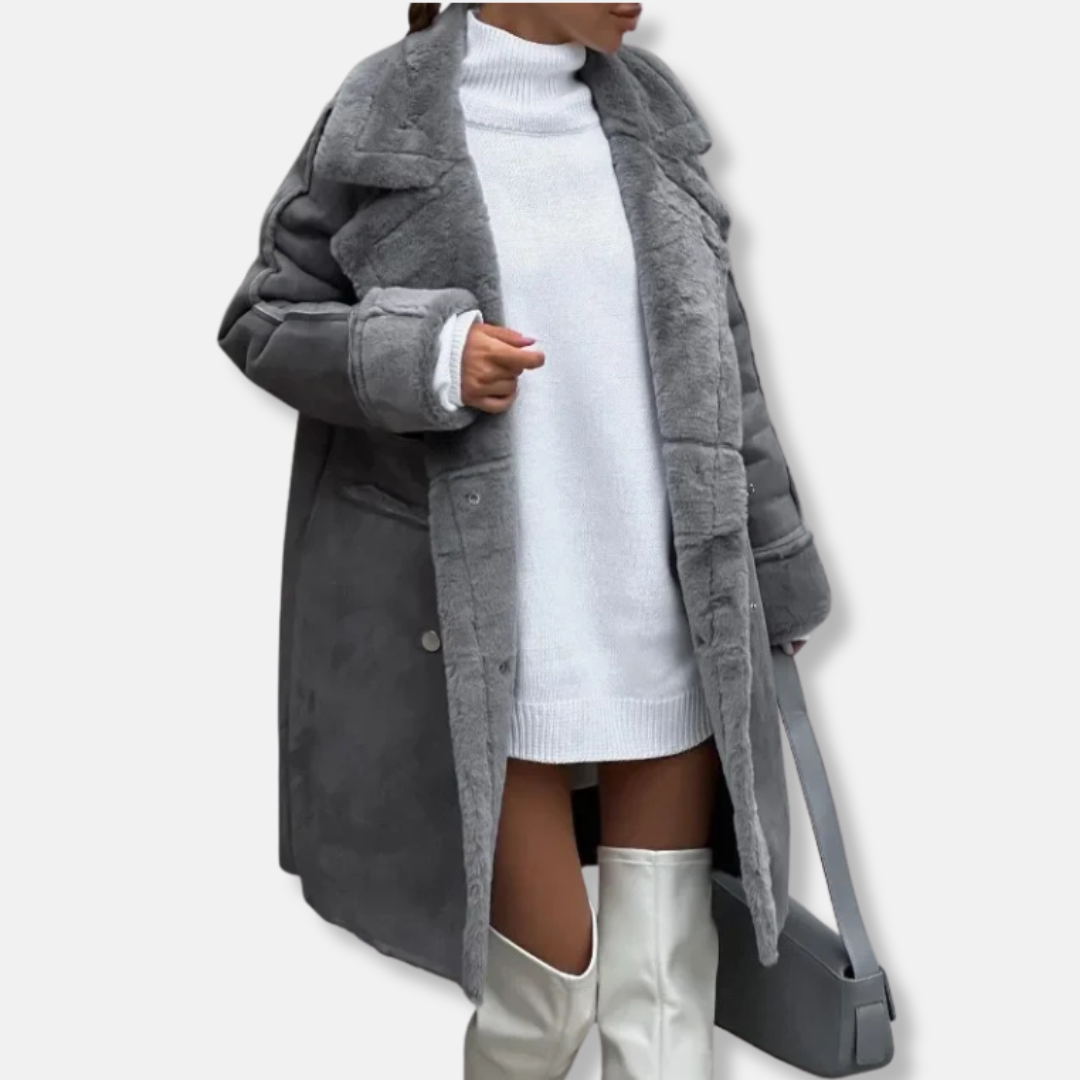 Sienna Suede Double-Breasted Shearling Coat | Wide Lapels Knee-Length Coat