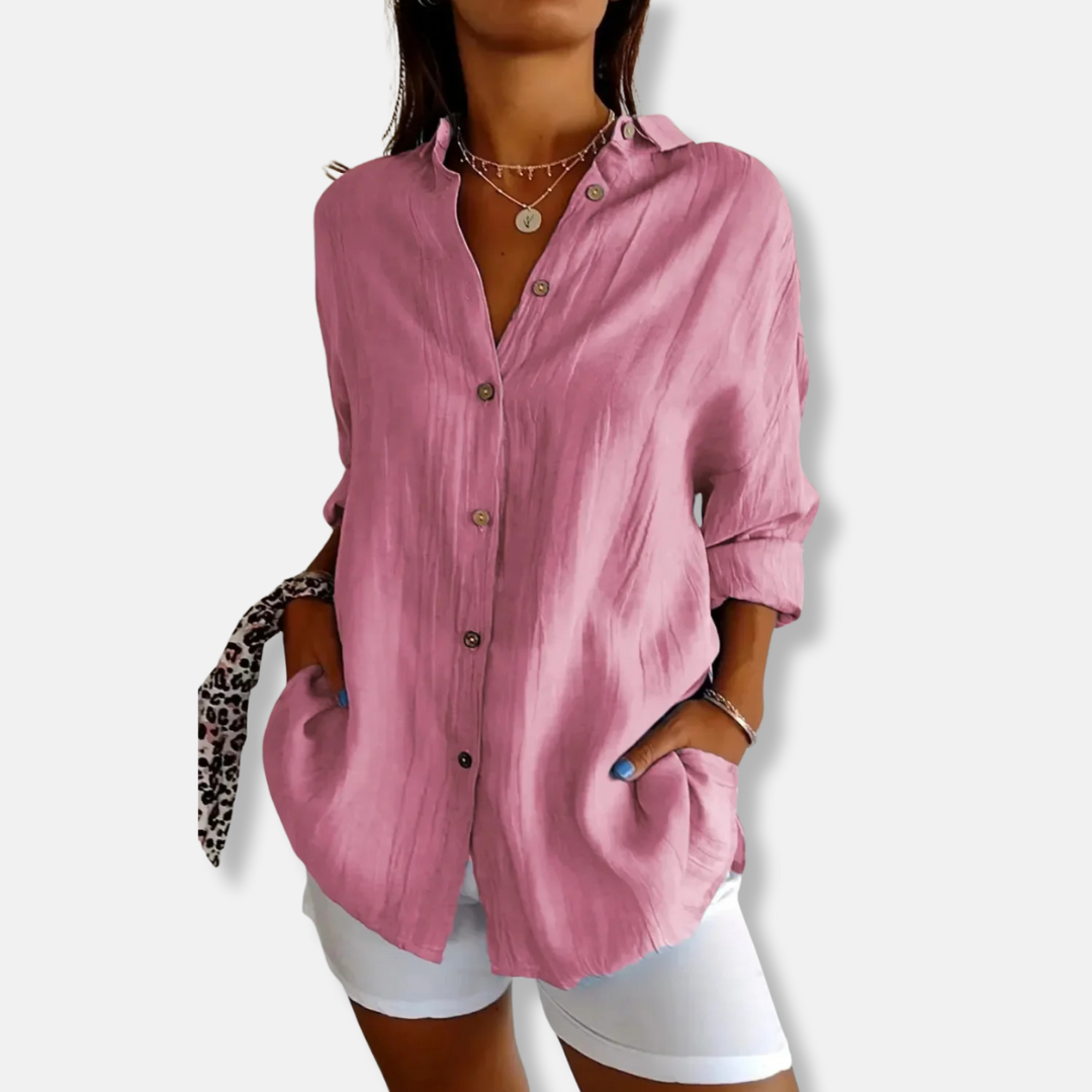 Women’s Button-Up Shirt – Relaxed Fit – Crinkled Texture – Long Sleeve Casual Style
