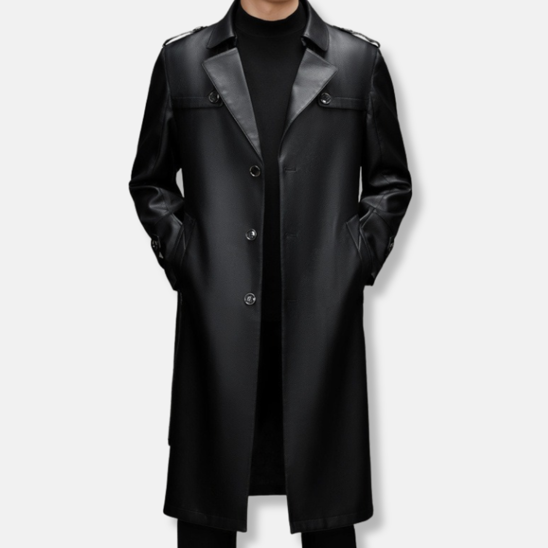 Men’s Trench Coat – Slim Fit Leather – Long Length – Single-Breasted – Epaulettes