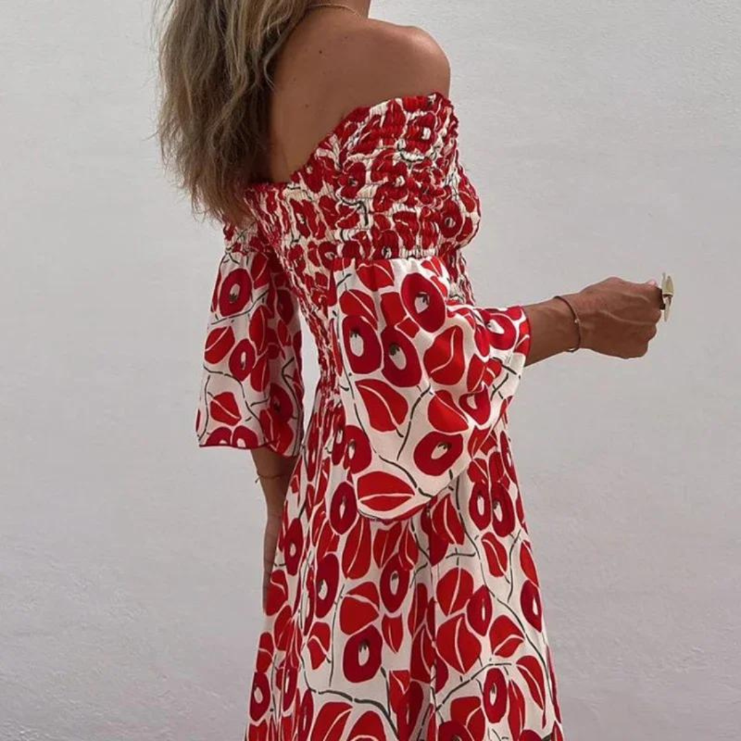 Women's Off-Shoulder Maxi Dress - Three-Quarter Sleeves - Floral Print Elegant Fit