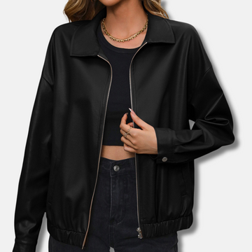 Women’s Biker Jacket – PU Leather – Relaxed Fit – Cropped – Zip Front – Snap Cuffs