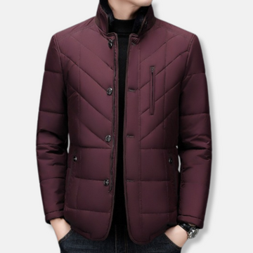 Men’s Quilted Jacket – Tailored Fit – Stand Collar – Button Front – Zipper Chest Pocket
